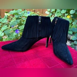 Sam Edelman Kandice Suede Fringe High Heel Booties Black Size 6 EUC